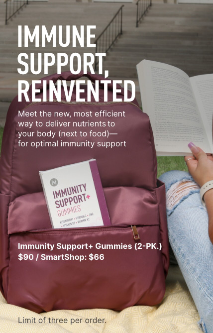 Neora’s NEW Immunity Support+ Gummies in a backpack with a woman sitting next to it reading a book.
